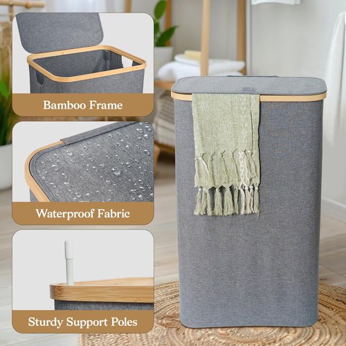 JOLLYIN Laundry Baskest with Lid, 100L Large Tall Laundry Hamper with Removable Bag, Collapsible Laundry Hamper for Bedroom, Bathroom, Dorm, Laundry Room, Grey