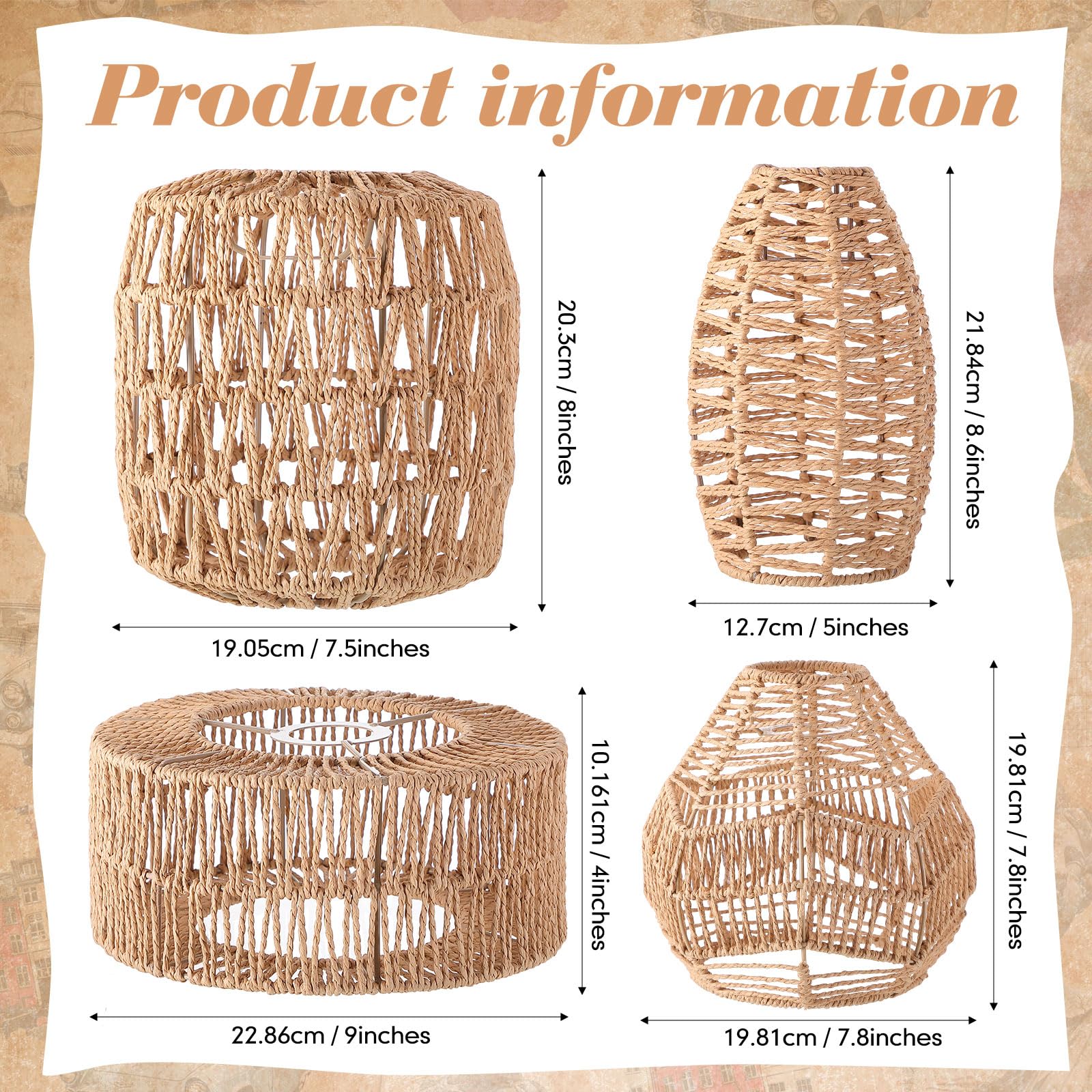 Baquler 4 Pcs Lamp Shade Pendant Light Shade Woven Lampshade Hanging Replacement Light Covers Boho Lamp Cover Home Decor, Farmhouse Rustic Wall Sconces for Table Lamps Floor Lamps
