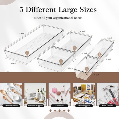 Criusia Clear Drawer Organizer Set - 7 Versatile Plastic Trays for Kitchen & Bathroom Storage | Non-Slip Design