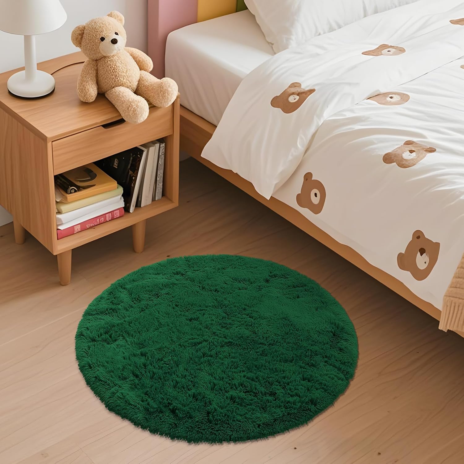 OLANLY Dark Green Round Area Rug - Soft, Fluffy, Machine Washable 2 ft Circle Carpet for Bedroom & Living Room Decor