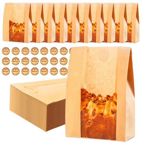 Homrelaxy 240pcs Paper Bread Bags for Homemade Bread, Sourdough Bag with Window, 13.7 x 8.3 x 3.5 Inch Large Brown Kraft Bakery Bags for Storing Loaves & Snacks, Includes 250 Sealing Stickers