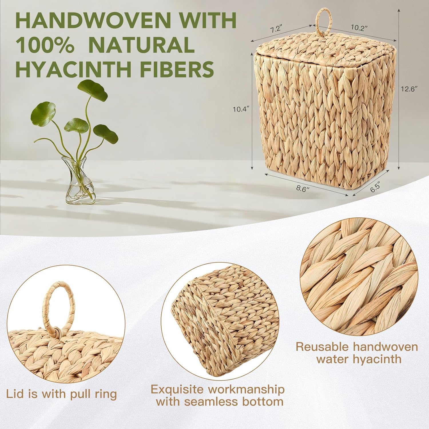 Skiennix Wicker Waste Basket - Handwoven Water Hyacinth Trash Can with Lid | Rustic Decorative 2.5 Gal for Home