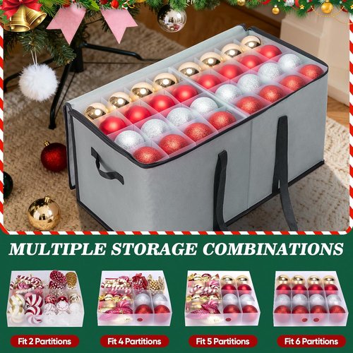 BALEINE Christmas Ornament Storage Box - Premium Holiday Container with Dividers for 128 Balls | Red Soft Design