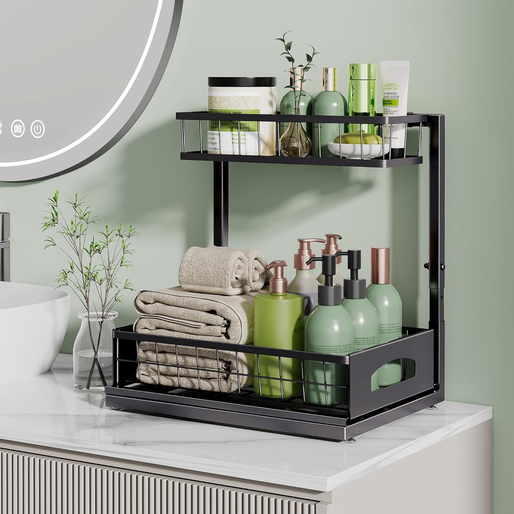 Under Sink Organizer by [Brand Name] - Adjustable 2-Tier Metal Storage Solution for Kitchen & Bathroom (Black, 2 Pack)