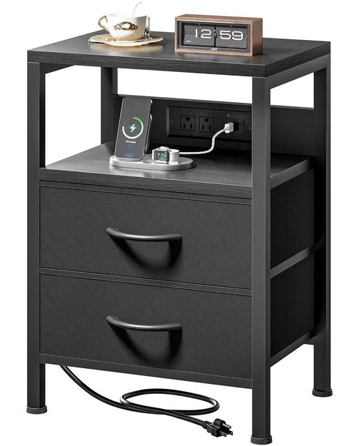 Lazzanto NightStand Bedside Charging Table Bedroom - Night Stand with Charger Station, Modern Nightstand with Open Shelf & 2 Fabric Drawers, Bed Side Table with USB-C Port for Dorm, Black