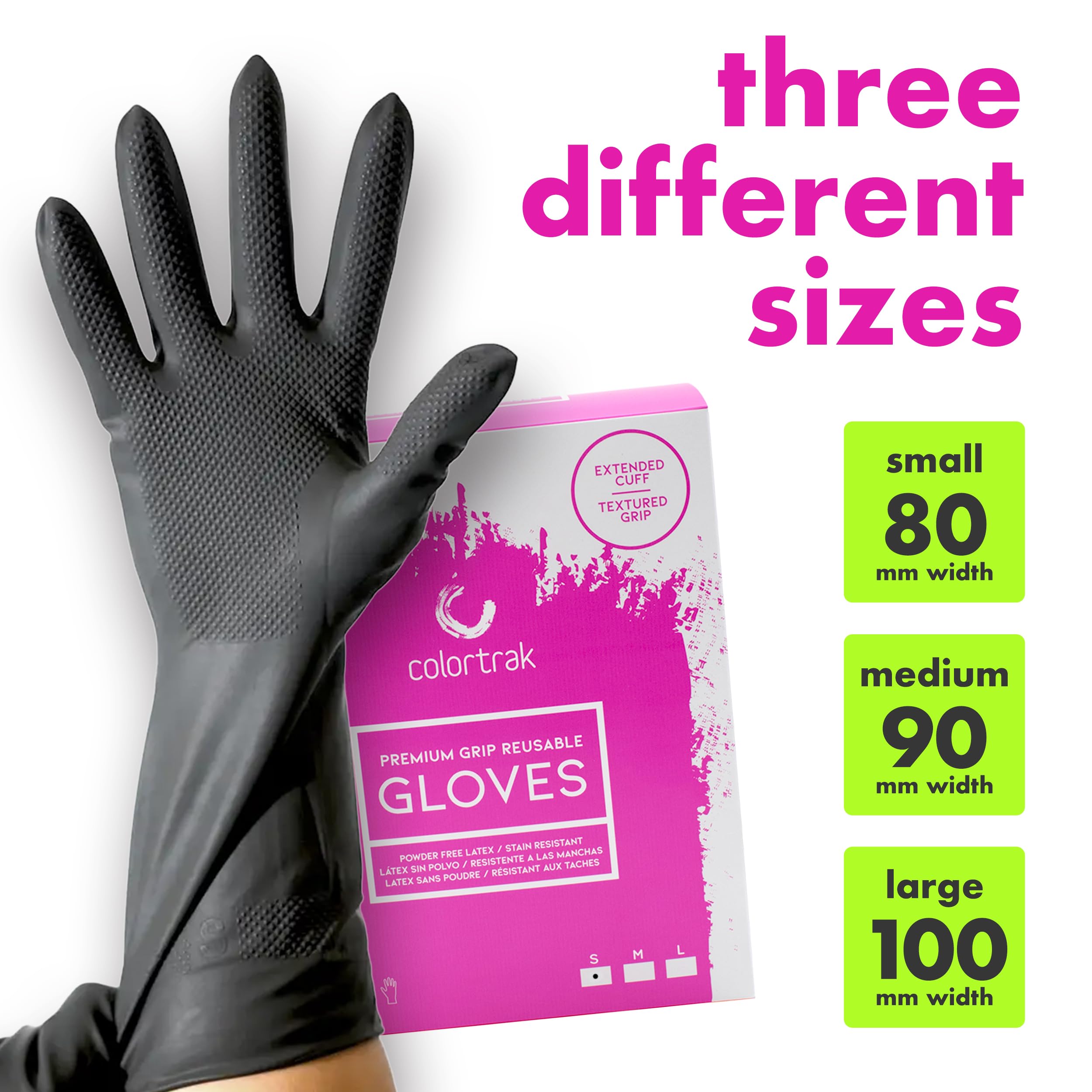 Colortrak Reusable Latex Salon Gloves, Black, Powder-Free Textured Grip Hair Color Gloves for Chemical Processing & Salon Services, Long Cuff, 20 Count, Small
