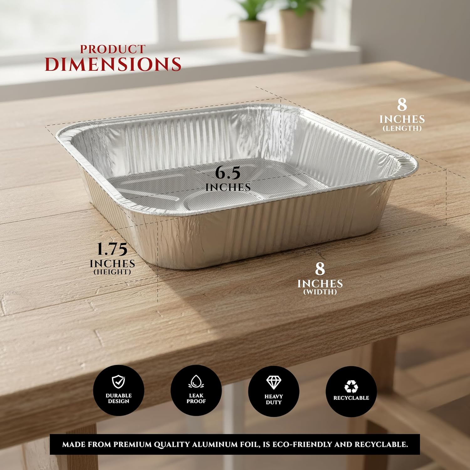 Primo Lines Aluminum Foil Disposable Pans - 40 Pack 8″×8″ Oven-Safe & Leak-Proof Trays for Meal Prep & Catering