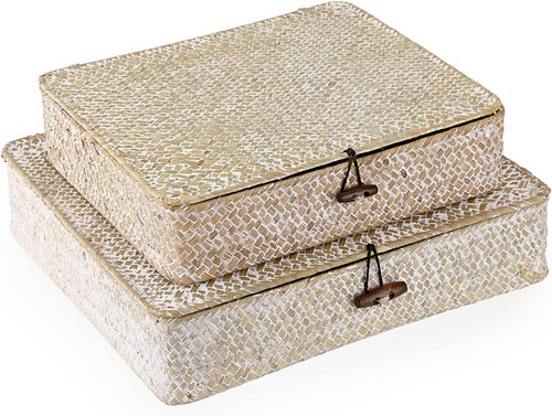 Hipiwe Wicker Storage Bins - Set of 2 Flat Seagrass Baskets with Lids | Natural Whitewash Home Organizers