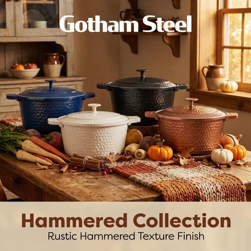 Gotham Steel Hammered 5 Qt Lightweight Dutch Oven Pot with Lid & Holders, Ceramic Non Toxic, Oven Safe & Even Heat Retaining Dutch Oven for Bread Baking Sourdough, Soup, 70% Lighter than Cast Iron