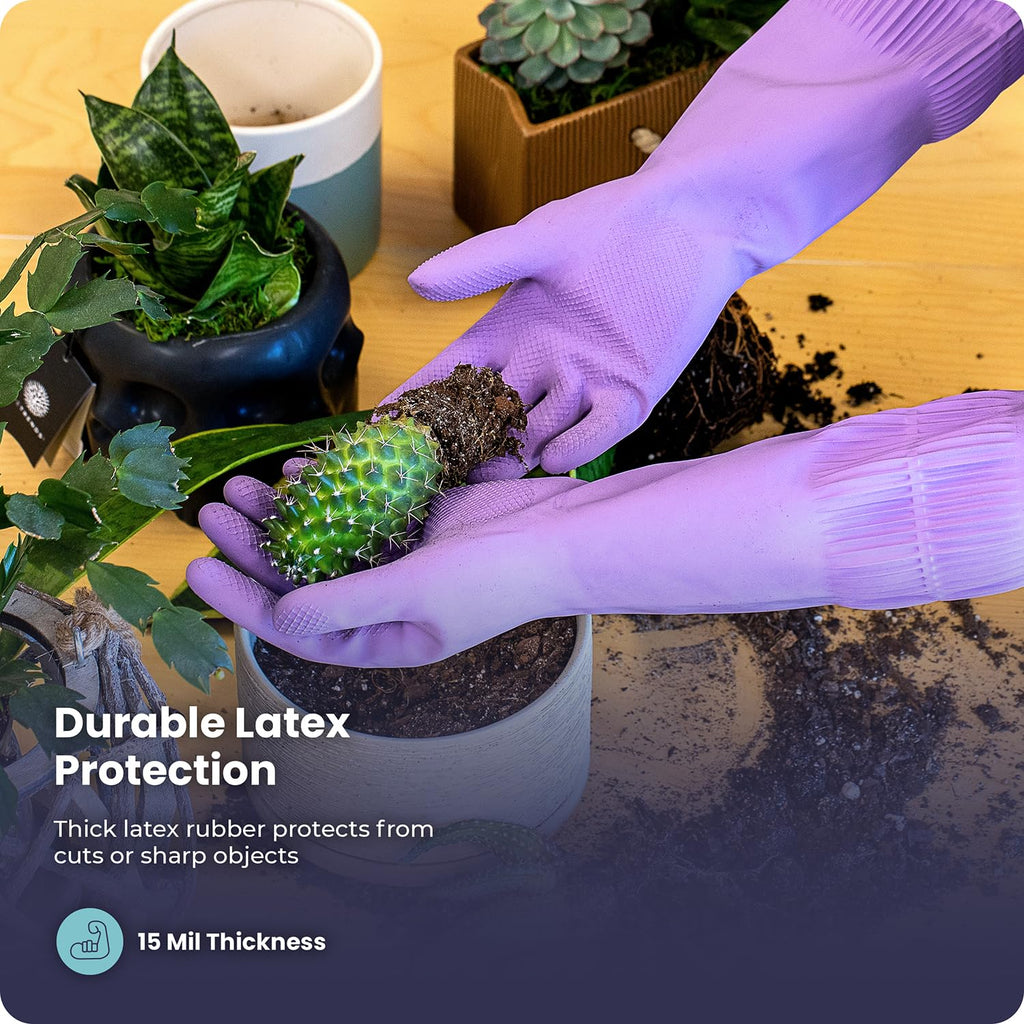 FMP Brands 3 Pairs 15 Inch Extra Long Rubber Dishwashing Gloves - Non-Slip for Cleaning, Kitchen, Bathroom, Gardening (Medium, Purple)