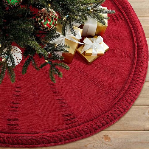 Christmas Tree Skirt 48 Inch Large - Knit Knitted Thick Rustic Tree Skirt Decor for Fall Thanksgiving Day Xmas Holiday Party Winter Farmhouse New Year Decoration Indoor Outdoor(Red)