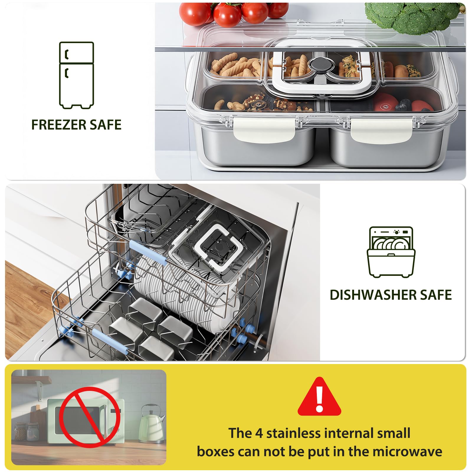 Freshmage Snackle Box Container, Stainless Steel Divided Serving Snack Tray with Lid and Handle, 4 Compartment Portable Snack Platters for Road Trip, Beach, Picnic, Ball Games, Pool and Parties