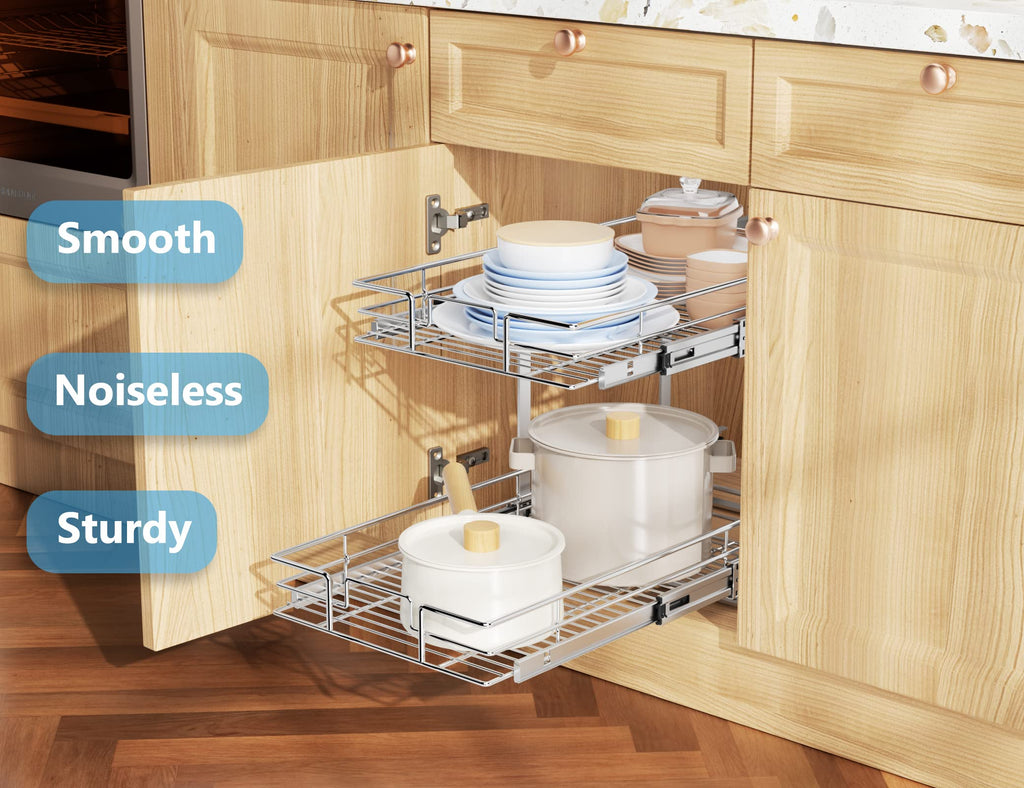LOVMOR Individual Pull Out Cabinet Organizer, 2 Tier Slide Out Cabinet Drawers, Pots and Pans Organizer and Storage Pantry Shelf for Kitchen (20" W x 18" D)