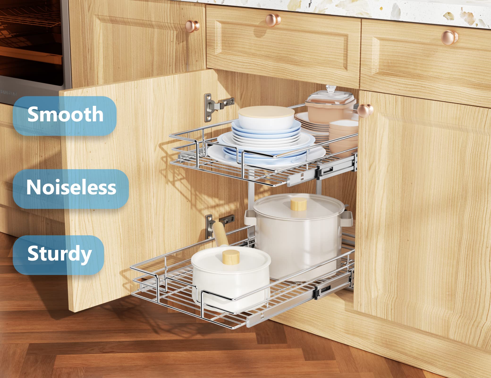 LOVMOR Individual Pull Out Cabinet Organizer, 2 Tier Slide Out Cabinet Drawers, Pots and Pans Organizer and Storage Pantry Shelf for Kitchen (20" W x 18" D)