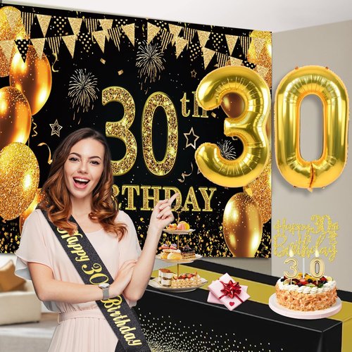 30th Birthday Decorations - Black and Gold Banner, Table Cloth, Balloons, Sash & Cake Topper