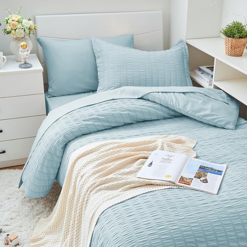 HYMOKEGE Twin XL Comforter Set - Luxury 5-Piece Seersucker Bedding in Lake Blue | All-Season Comfort