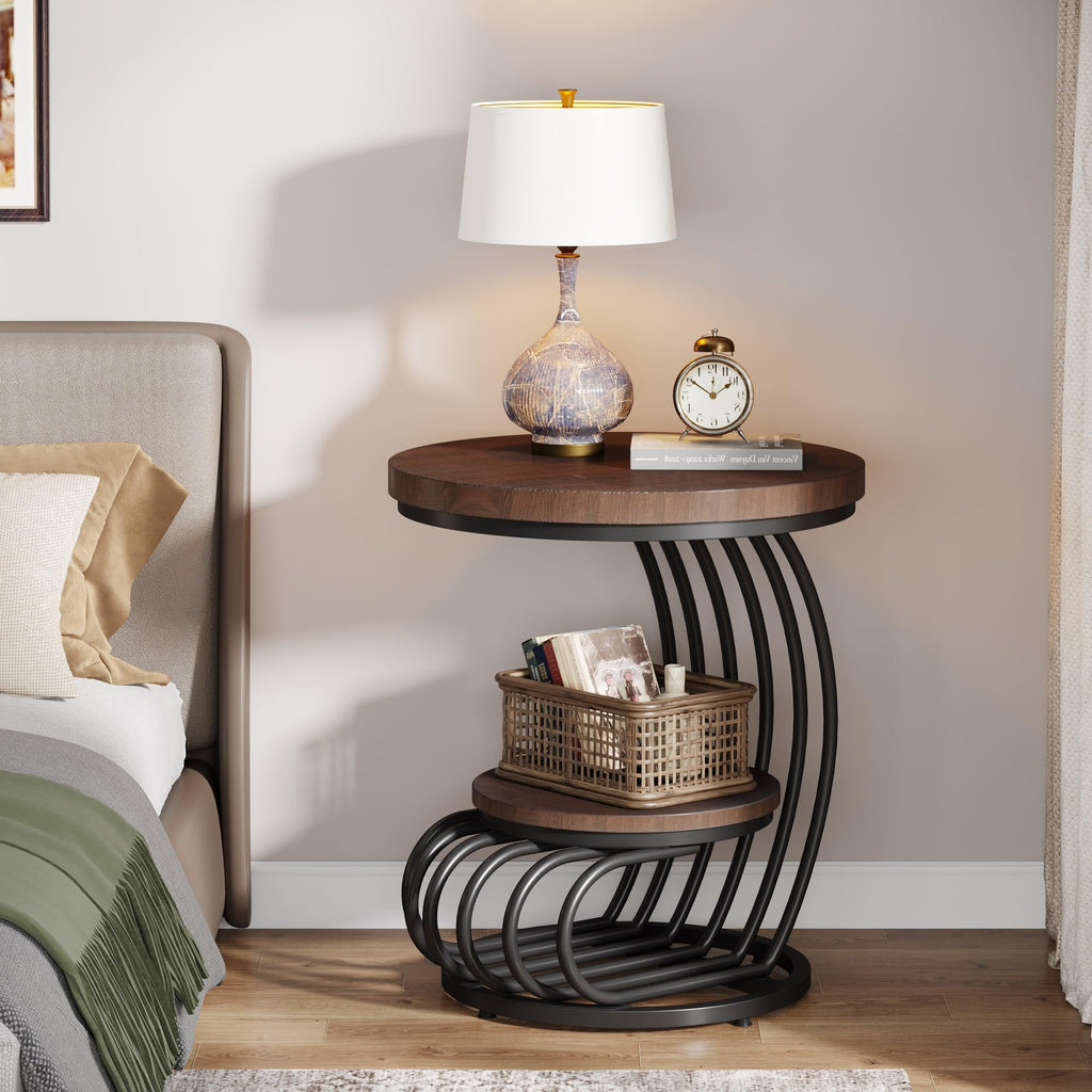 LITTLE TREE Round Side Table, Wood End Table with 2-Tier Storage Shelf, Accent Coffee Table, Creative Curved Metal Frame End Table for Small Spaces, Living Room, Bedroom, Brown + Black