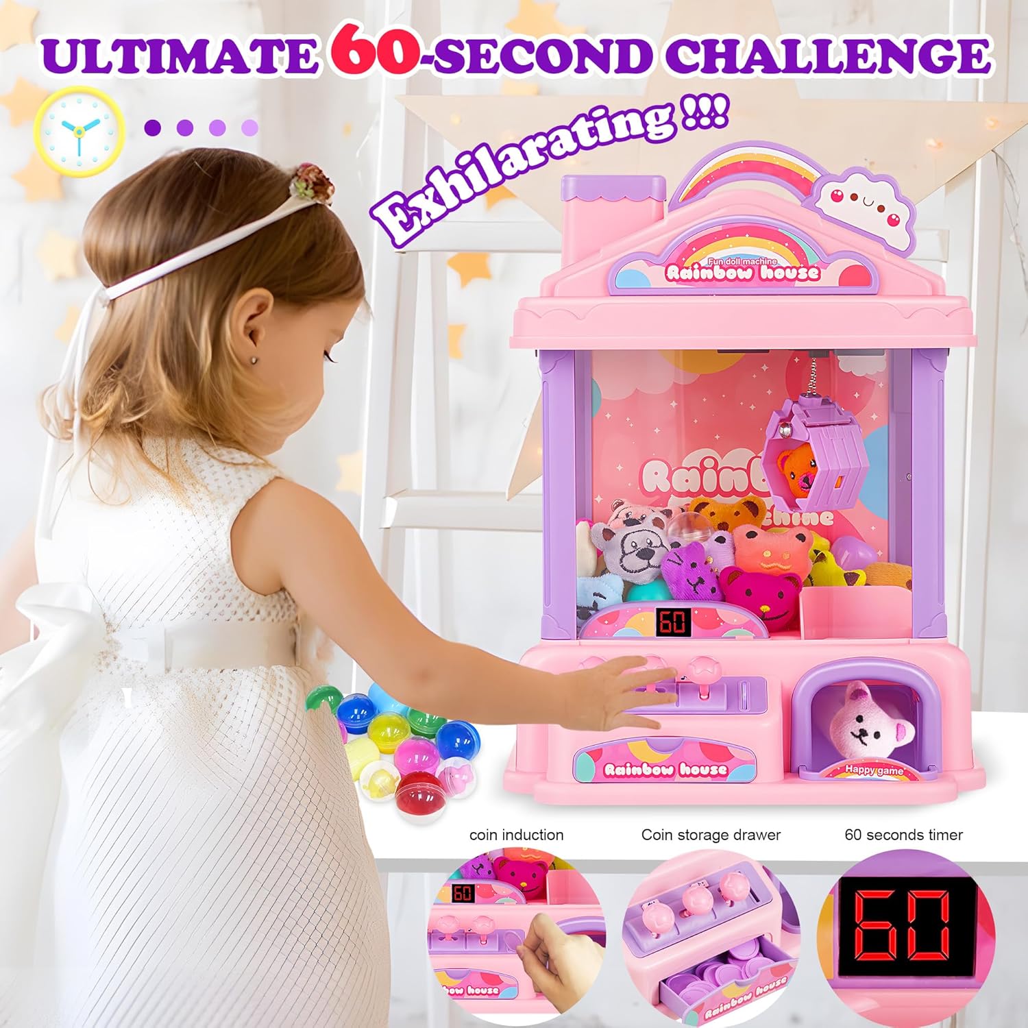 Skiennix Mini Claw Machine - Electric Arcade Game Toy with LED Lights & Adjustable Sound | Pink, Ages 4+