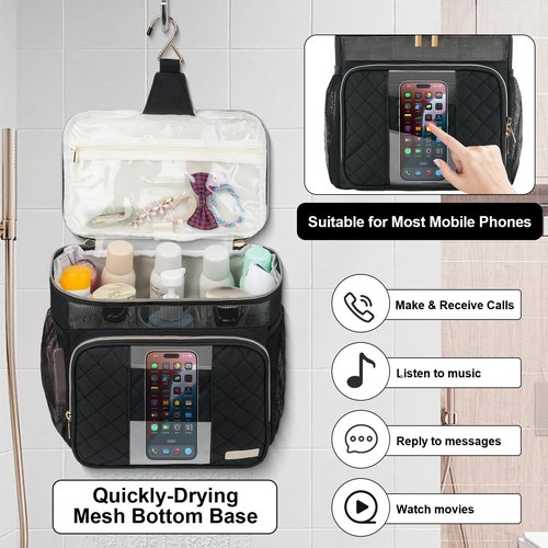Jaffzora Large Toiletry Bag for Women Men, Portable Shower Caddy College Dorm Essentials, 2 Layers Quickly Dry Mesh Bathroom Tote Bag, Hanging Makeup Organizer Bag for Travel, Gym, Camping (Black)