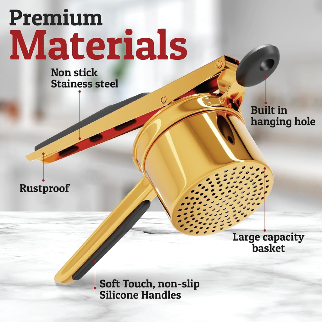 PriorityChef 15oz Potato Ricer - Heavy Duty Stainless Steel Masher With 3 Discs | Gold & Black Silicone