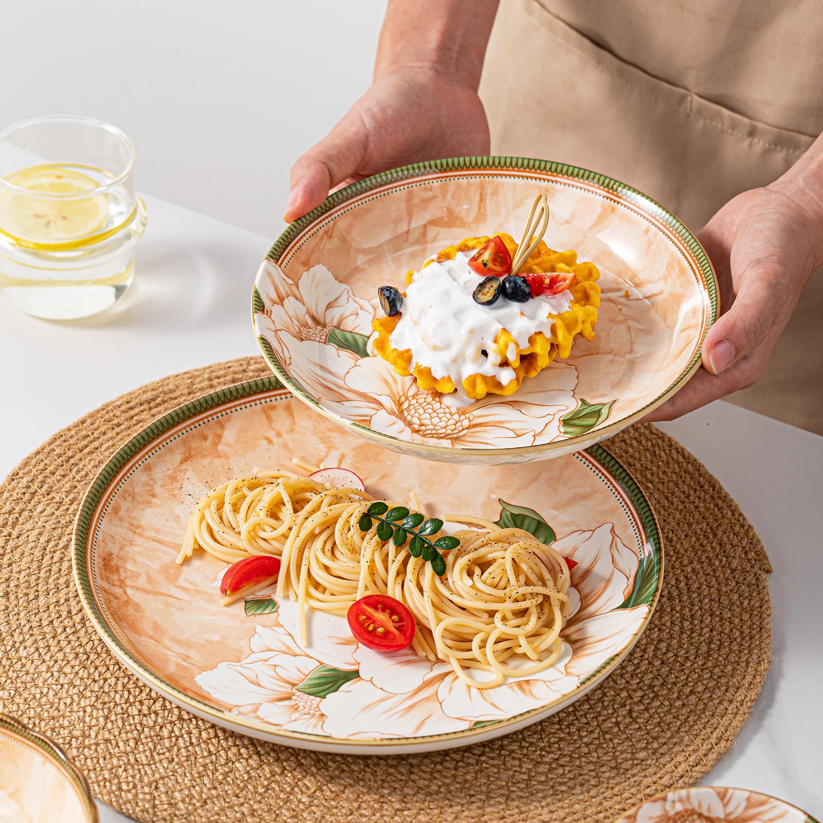 FANGJING 16-Piece Dinnerware Set for 4, Ceramic Plates and Bowls Sets, Microwave & Dishwasher Safe Dish Sets for Daily Use & Gifting, with Vintage Camellia Floral Pattern