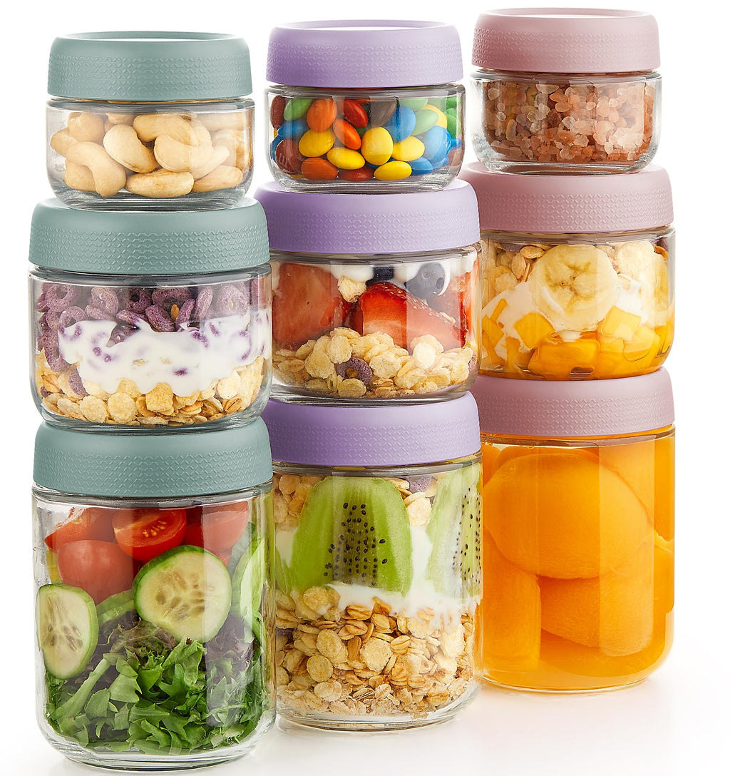 9 Pack Overnight Oats Containers with Lids, Large & Small Glass Mason Jars 16oz & 10oz & 4oz, Glass jars with Airtight Lids, Salad Meal Prep Jars for Food Storage, Overnight Oats Jars for Milk, Fruit