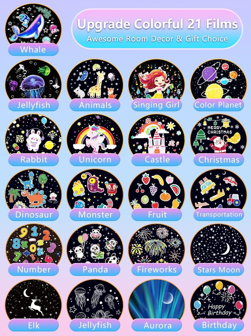 21 Sets of Films + Projector Night Light for Kids, Baby Night Light Projector for Bedroom, Ceiling, Star Projector with 360° Rotation Dimmable for Kids Girls, Birthday, Christmas, Nursery, Room Decor