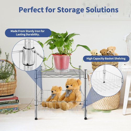 Simple Deluxe 2-Tier Shelving Unit, 15" W x 15" D x 13.8" H Wire Metal Storage Rack with Basket, Chrome