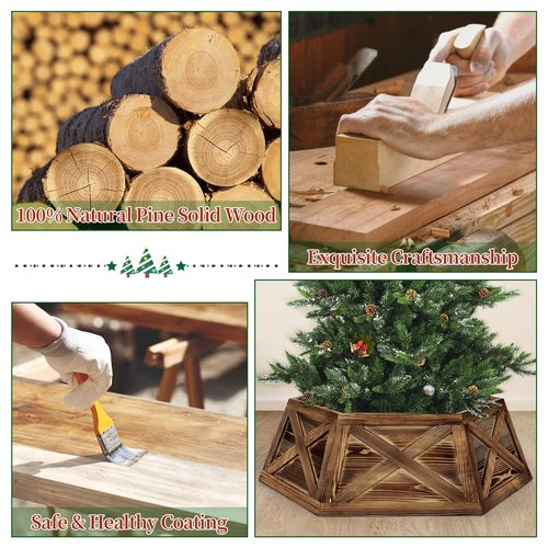 Yoochee Wooden Christmas Tree Collar, 36'' Extra Large Hexagon Brown Christmas Tree Base Cover Decor for Artificial Tree,Rustic Farmhouse Tree Skirt Alternative for 7.5ft 9ft Trees