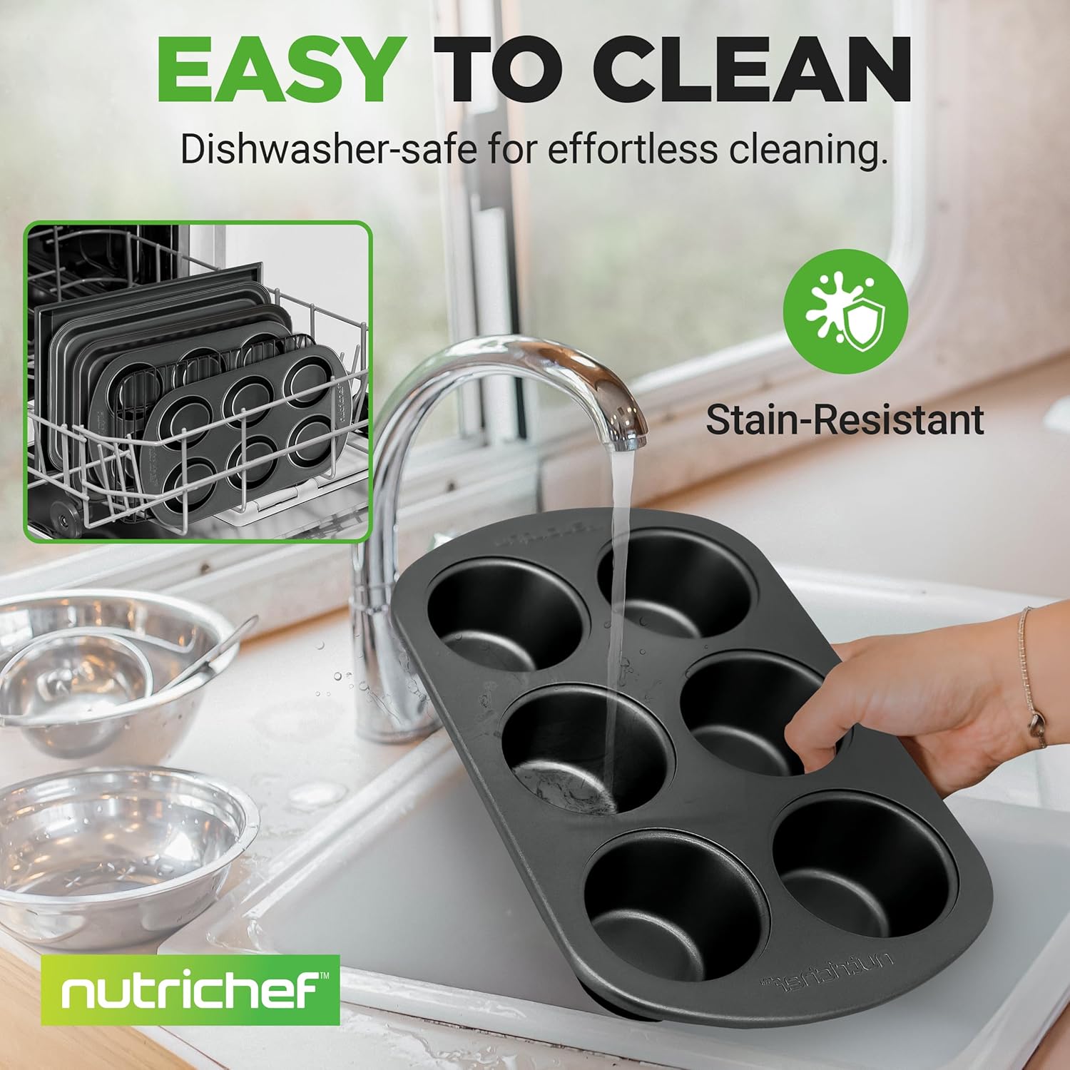 NutriChef 6-Piece Toaster Oven Bakeware Set - Non-Stick, Stackable Carbon Steel Pans & Muffin Trays