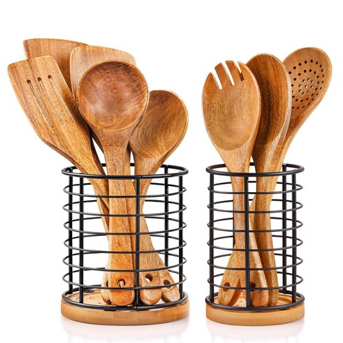 hunnycook 2-Piece Utensil Holders - 5.1*5.1*5.8 and 3.7*3.7*5.8 inches Kitchen Utensil Holders, Metal Black Crocks with Wooden Base, Easy to Drain