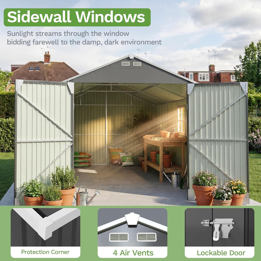 Patiowell 12x20 FT Outdoor Storage Shed - Large Metal Garden Shed with Lockable Doors & Vents | Waterproof Black Design