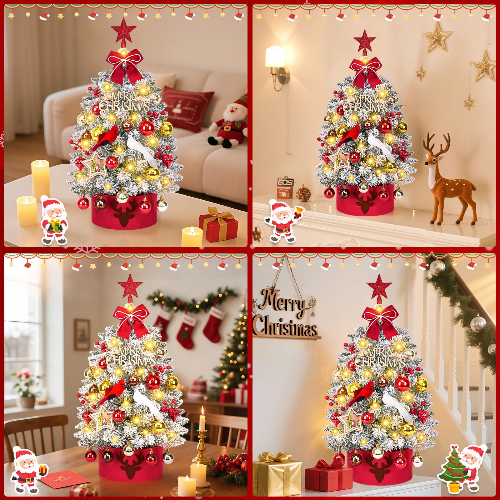 MARTINE MALL 2FT Small Christmas Tree with 30 LED Lights, Snowy Flocked Mini Christmas Tree Artificial Tabletop Xmas Trees with Cardinal Birds Red Bow Star Hanging Ornaments for Table Desk Small Space