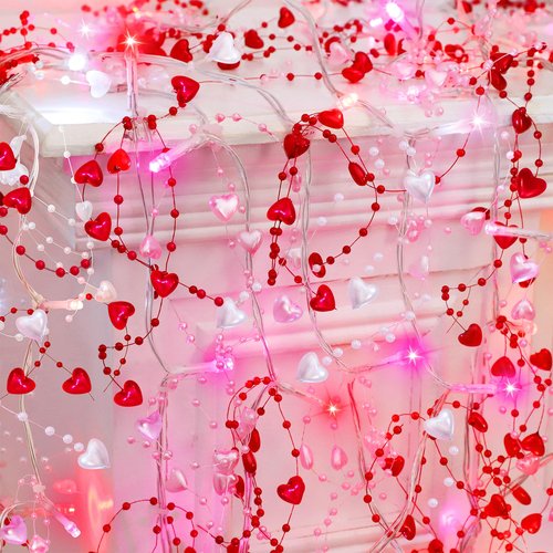 HALOGATE [Timer] Valentine's Day Decor Garland Lights, 10FT 30 LED Light 2 Modes Valentine Heart String Lights Battery Operated, Romantic Decorations for Indoor Outdoor Bedroom Home, Pink Red White