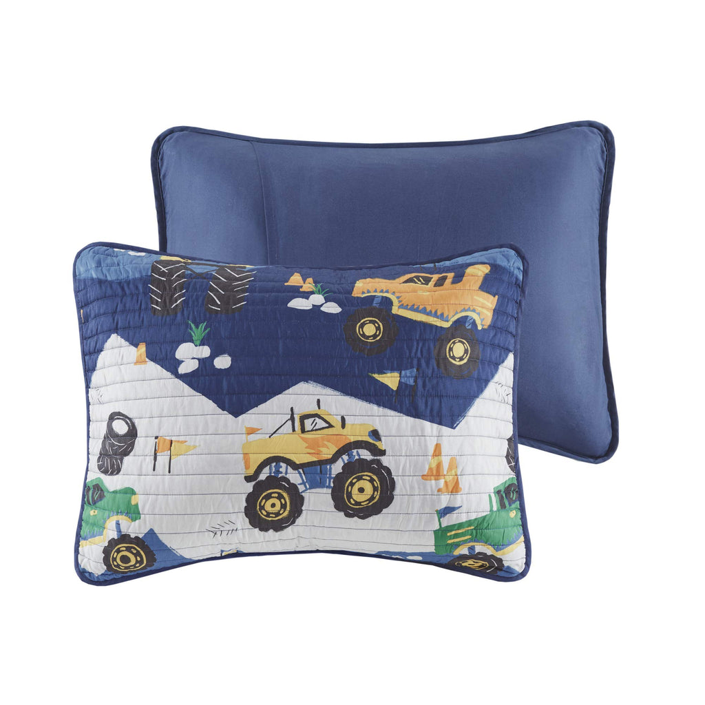 Intelligent Design Kids Nash Reversible Quilt Set, Vibrant Fun Design, Lightweight All Season Children Bedding, Coverlet Bedspread, Boys Bedroom Décor, Full/Queen, Big Wheel Monster Trucks 4 Piece