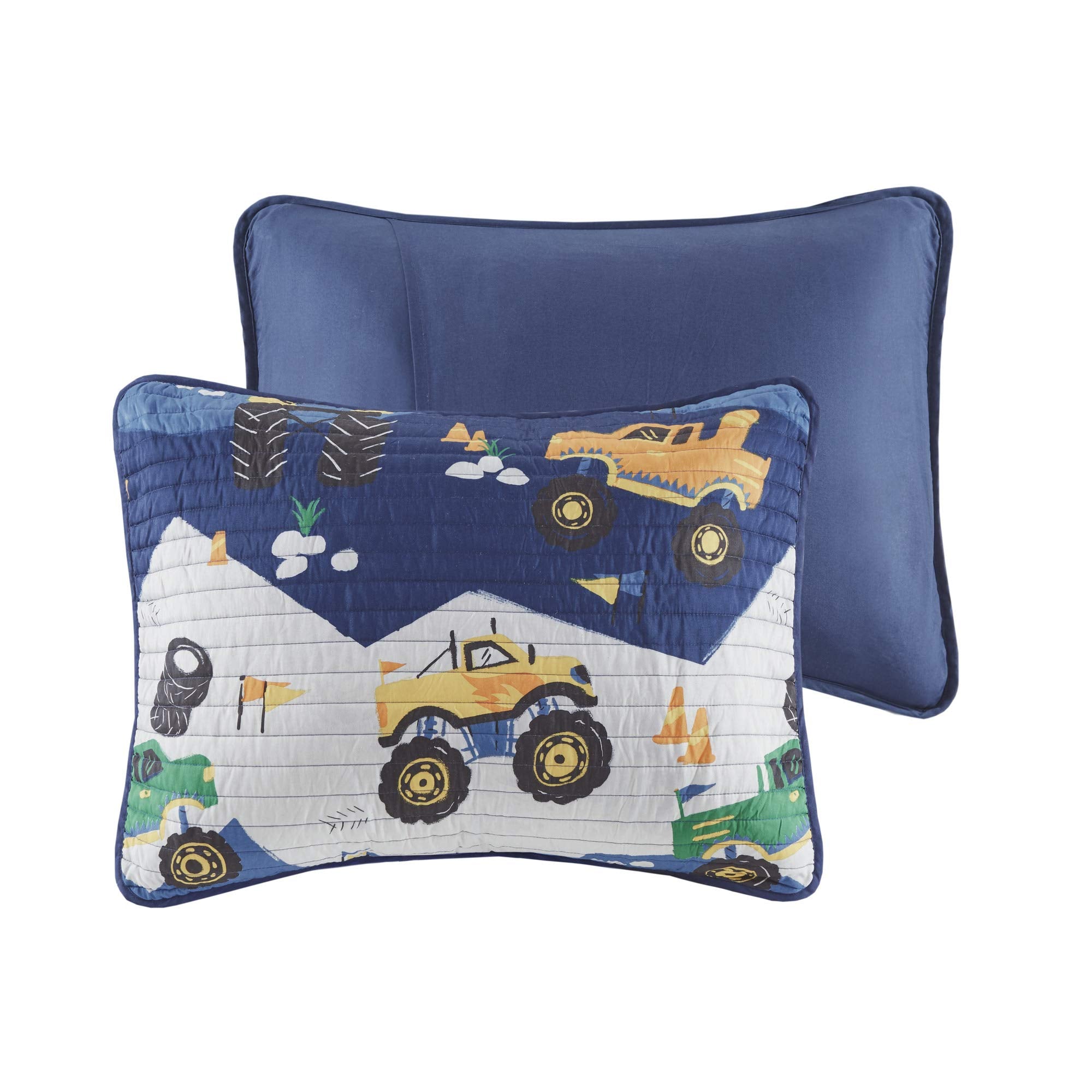 Intelligent Design Kids Nash Reversible Quilt Set, Vibrant Fun Design, Lightweight All Season Children Bedding, Coverlet Bedspread, Boys Bedroom Décor, Full/Queen, Big Wheel Monster Trucks 4 Piece