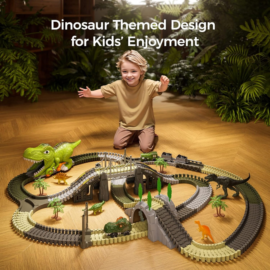 TUMAMA Dinosaur Train Set - 281 Pcs Flexible Race Track with 4 Dinosaur Figures & 2 Electric Cars for Kids 3-7