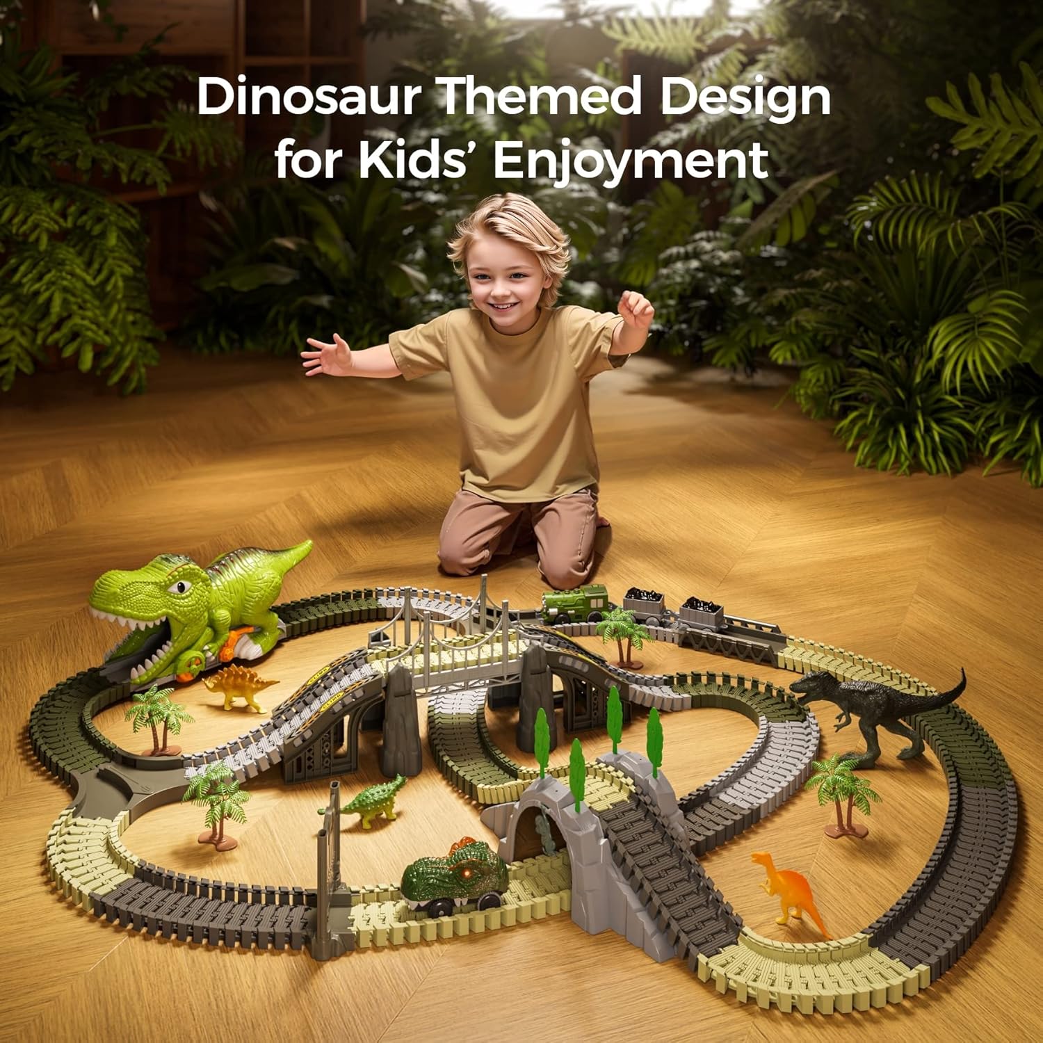 TUMAMA Dinosaur Train Set - 281 Pcs Flexible Race Track with 4 Dinosaur Figures & 2 Electric Cars for Kids 3-7