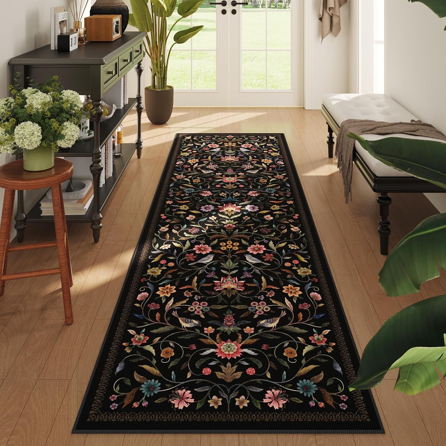 Vintage Medallion Floral Runner Rug - Washable Non-Slip Low Pile Carpet | 2'7"x8' | Black