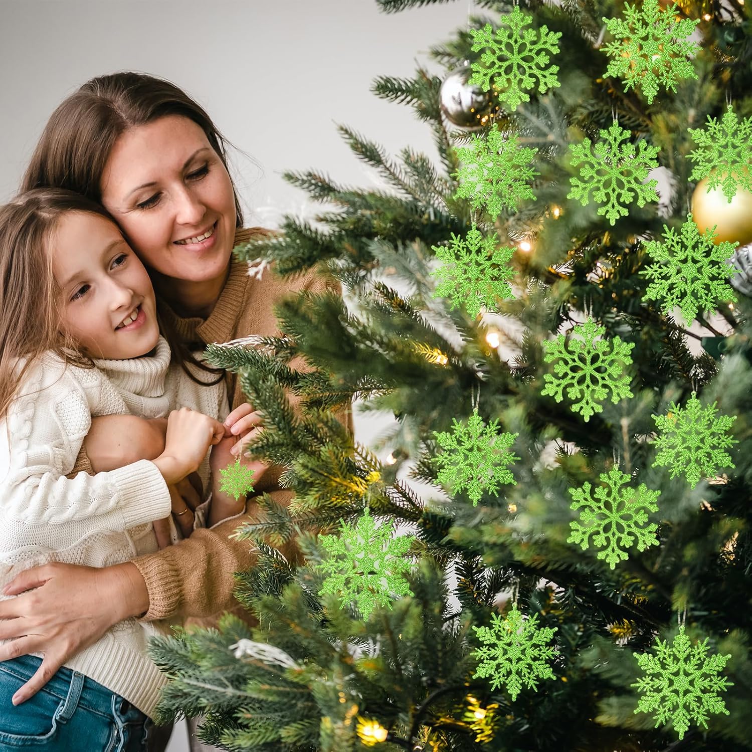 Skiennix 36pcs Christmas Lime Green Snowflake Ornaments - Durable Plastic Hanging Decor for Winter Wonderland & Holiday Home Decor