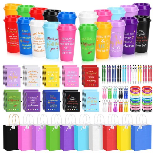 141Pcs/20Set Employee Appreciation Gift Bulk Inspirational Thank You Gift with 16oz Plastic Tumblers Notebooks Pen Silicone Bracelets Keychain for Christmas Team Staff Teacher Nurse Coworker Volunteer