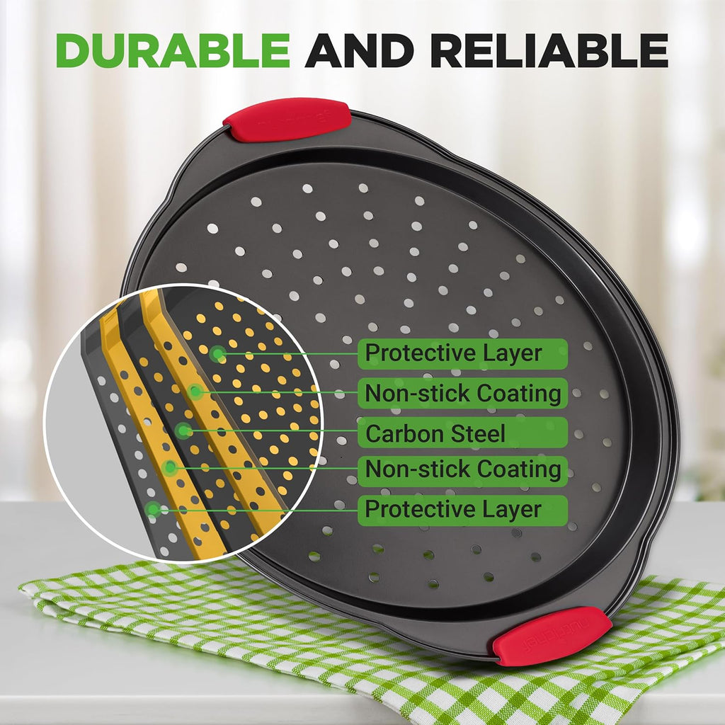 NutriChef 13-Inch Nonstick Pizza Tray | Round Carbon Steel Pan with Perforated Holes & Silicone Grip Handles