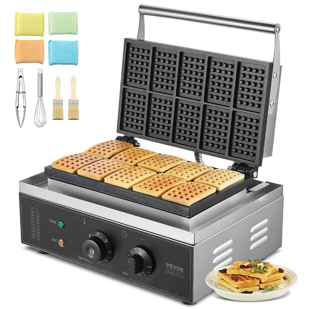 VEVOR Commercial Waffle Maker, 10PCS Rectangle Waffle Baker Machine, 1550W Non-Stick Stainless Steel Belgian Waffle Iron with Temp and Time Control, Handle, for Restaurant Bakery Snack Bar Family