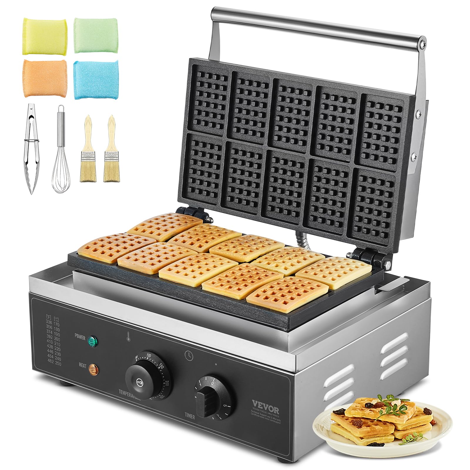 VEVOR Commercial Waffle Maker, 10PCS Rectangle Waffle Baker Machine, 1550W Non-Stick Stainless Steel Belgian Waffle Iron with Temp and Time Control, Handle, for Restaurant Bakery Snack Bar Family