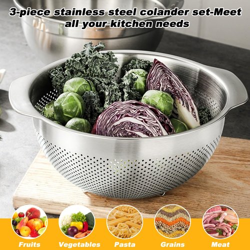 3 Pcs Stainless Steel Colander Strainer Set Metal Colander for Kitchen Pasta Strainer for Rice Food Fruits Spaghetti Vegetables (2QT, 3QT, 5QT)