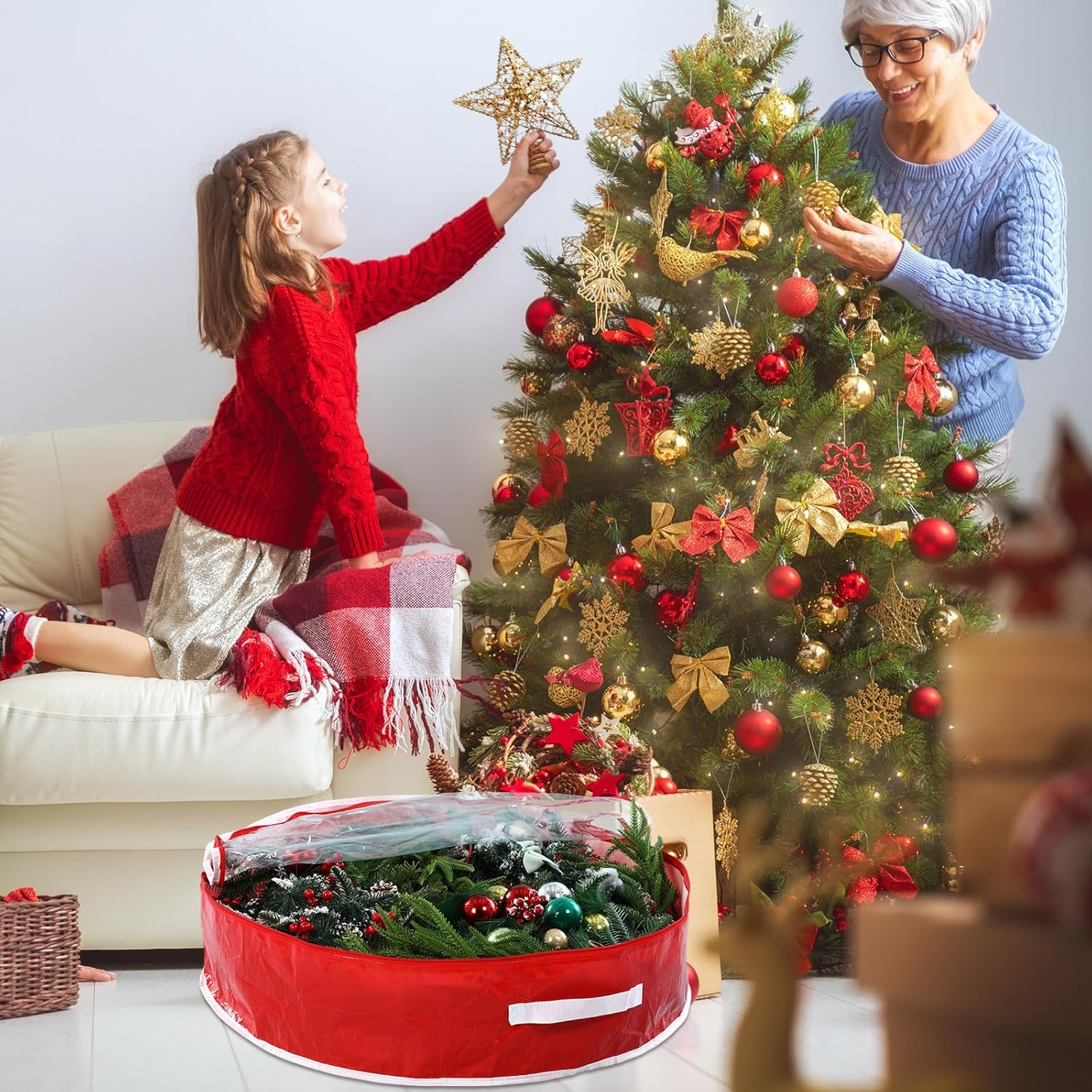 Regine Switzerland Christmas Wreath Storage Bag - 30 Inch Clear Window Design with Dual Zipper Handle | Red & White Peppermint Garland Organizer