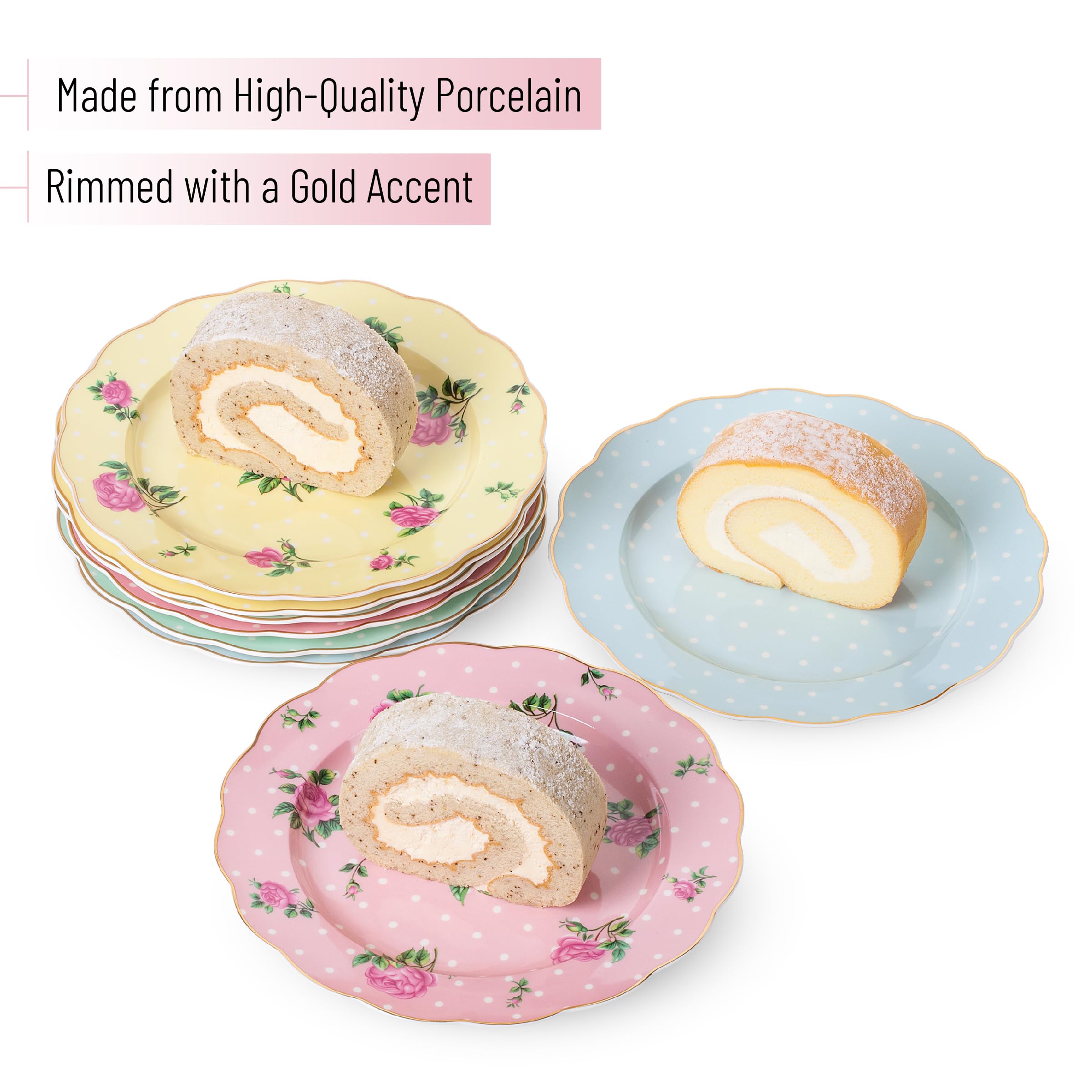 BTaT- Porcelain Floral Plates Set of 8, 8 Inch, Assorted Pastel Colors with Golden Rim, Floral Dessert Plates, Spring Dinnerware, Dishwasher & Freezer Safe, Mothers Day Gift