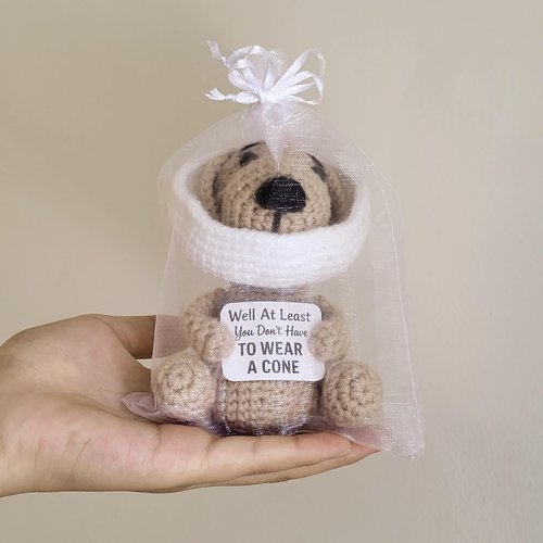 Cotinna Well At Least You Don’t Have to Wear a Cone – Funny and Thoughtful Crochet Dog Gift – 4.5" Handmade Plush for Surgery Recovery, Vasectomy Humor, or Quirky Retirement Gift