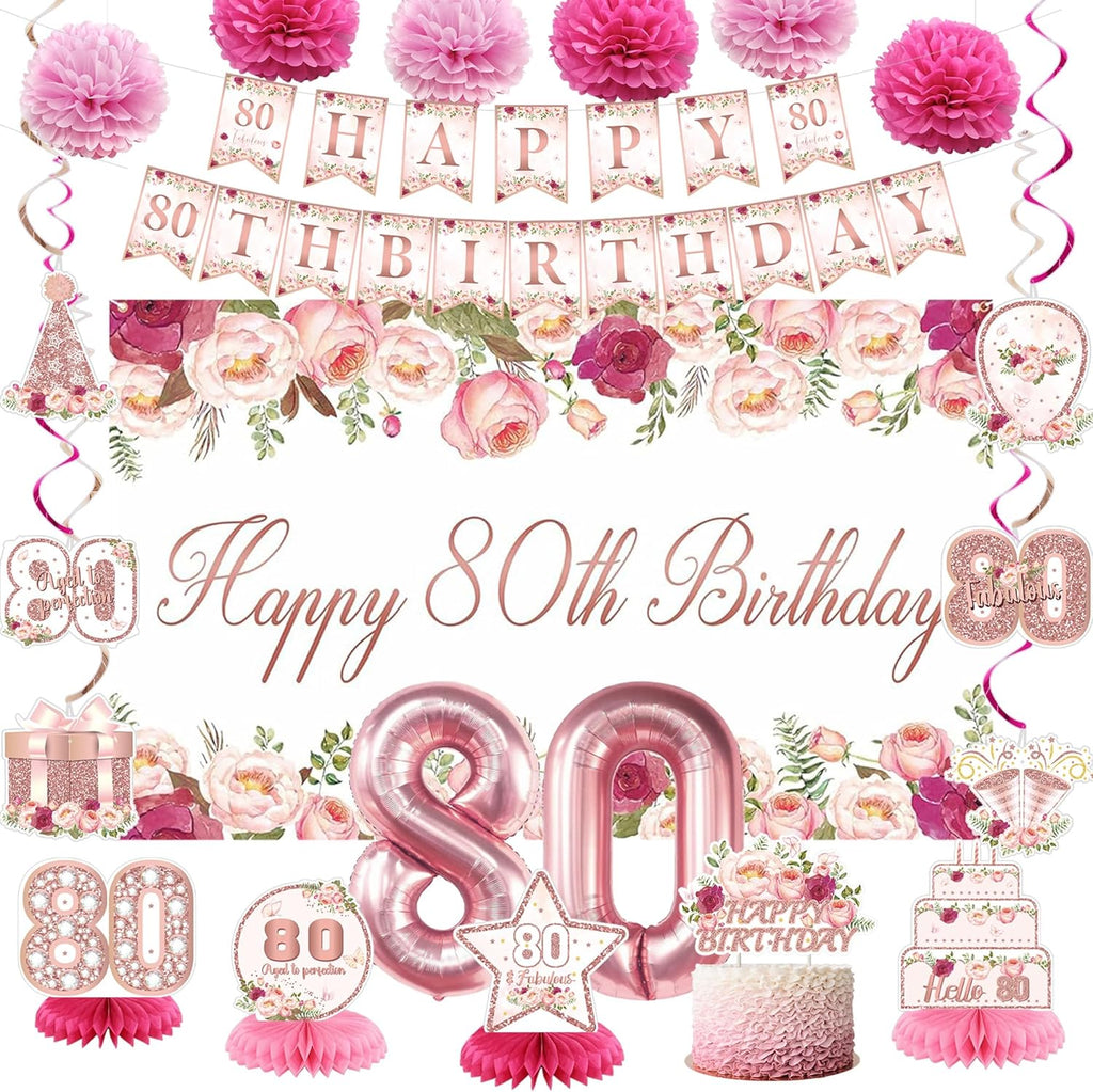 Vlipoeasn 80th Birthday Decorations - Rose Gold Backdrop Banner, Cake Topper & Honeycomb Swirls