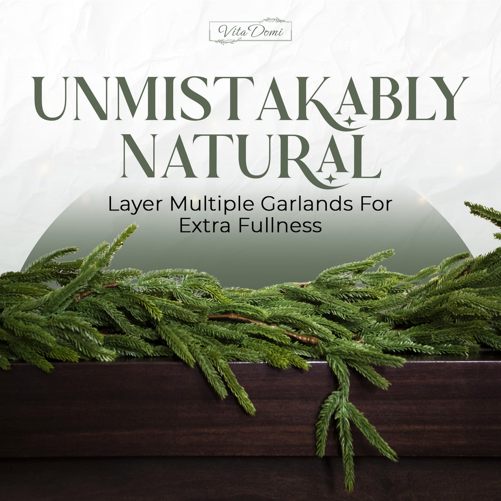 Vita Domi 72" Real Touch Norfolk Pine Garland Realistic 6ft, Christmas Garland for Mantle, Stairs, Fireplace, Soft and Bendable Real Touch Garland Christmas Greenery, Evergreen Christmas Garlands